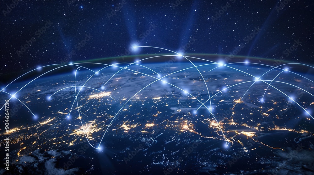 A Nighttime Aerial View of Blue Lines Interconnecting Countries, Symbolizing Technology's Boundless Connectivity Over City Lights.distribution and delivery concept,global business communication netwo