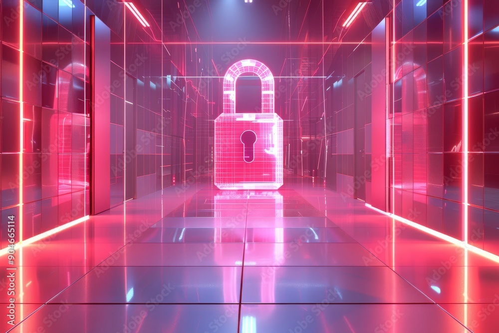 Neon pink padlock in a digital hallway, highlighting data security and advanced protection in a futuristic, high-tech design. Neon pink padlock in a digital hallway, highlighting data security and advanced protection in a futuristic, high-tech design.