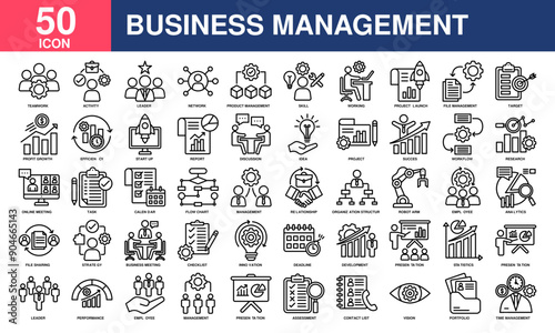 Business management icon collection set. Containing business, management, leader, development, report, employee, business and finance icon. Simple line vector.