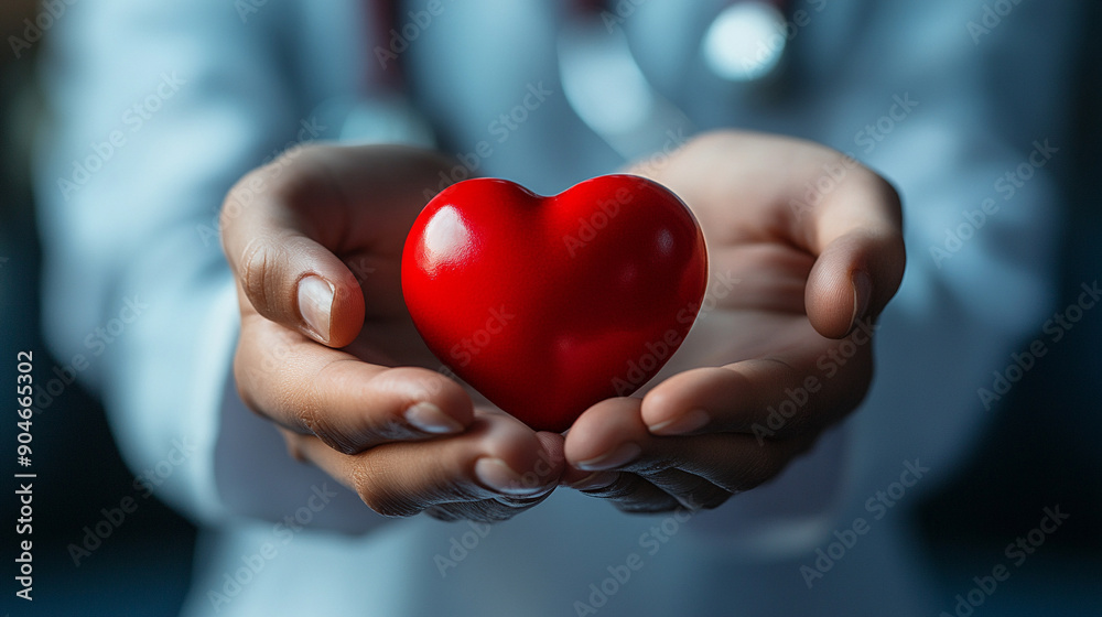 cardiologist focuses intently while holding a red heart model, symbolizing dedication and care in heart health. Emphasizes medical expertise and compassion for patients cardiologist focuses intently while holding a red heart model, symbolizing dedication and care in heart health. Emphasizes medical expertise and compassion for patients