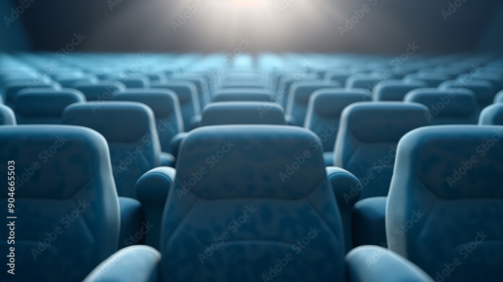 Naklejka premium Empty Cinema Anticipation: Rows of plush blue seats await an audience beneath the subtle glow of the theater's spotlight. 