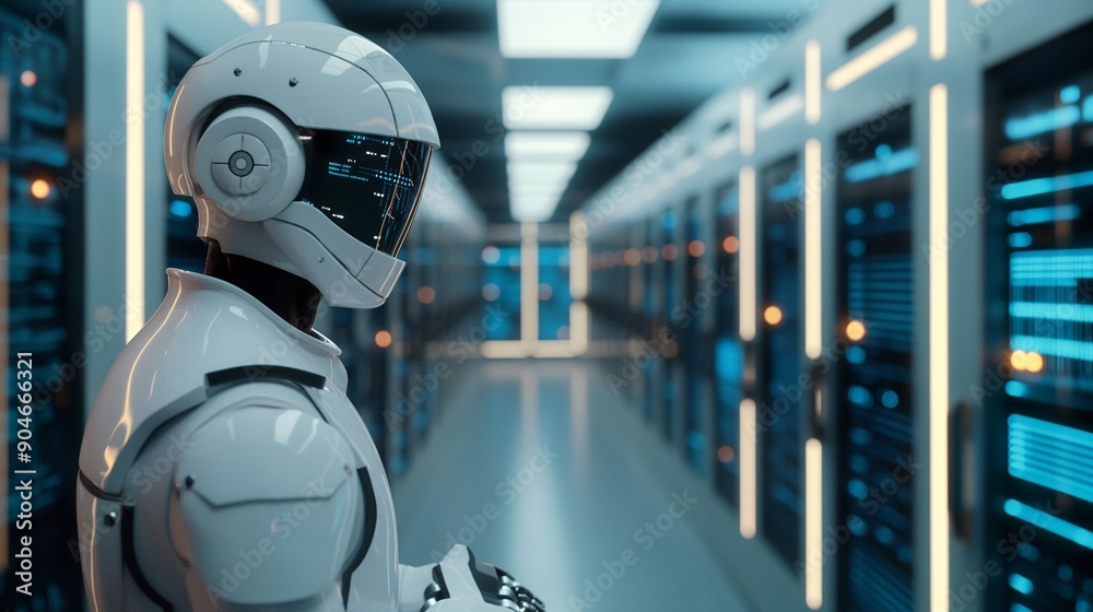 The Future of Data: A futuristic white humanoid robot stands in a modern server room, overseeing the data flow and technological advancements that power the digital world. The Future of Data: A futuristic white humanoid robot stands in a modern server room, overseeing the data flow and technological advancements that power the digital world.