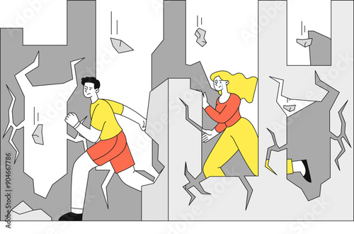 People with earthquake. Man and woman flee from collapsing building. Emergency, accident and disaster, cataclysm. Destruction and demolition of house. Linear vector illustration