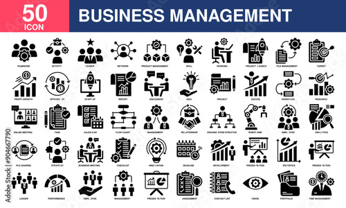 Business management icon collection set. Containing business, management, leader, development, report, employee, business and finance icon. Simple glyph vector.