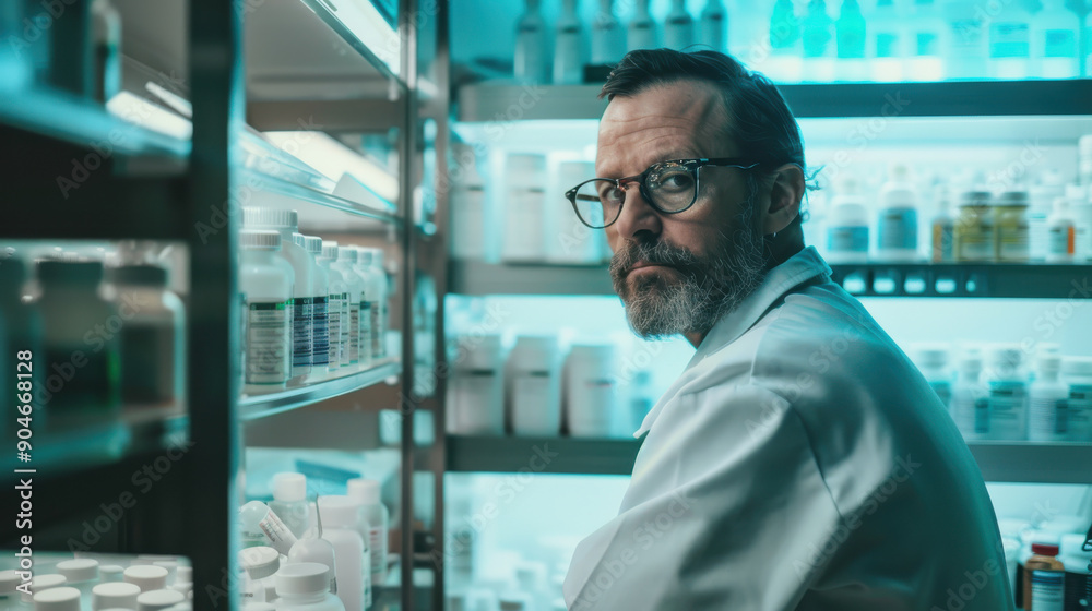 Qualified pharmacist working in a neatly organized medicine cabinet, with clear packaging and labeling, under cool fluorescent light Qualified pharmacist working in a neatly organized medicine cabinet, with clear packaging and labeling, under cool fluorescent light