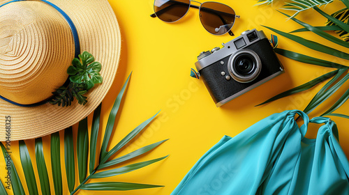 Flat lay photography, blue Hawaiian shirt with sun hat and sunglasses on yellow background photo