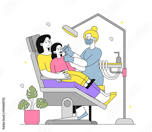 Girl with dental examination. Mother took daughter to dentist. Health care, diagnosis and treatment. Oral hygiene examination and treatment. Linear vector illustration