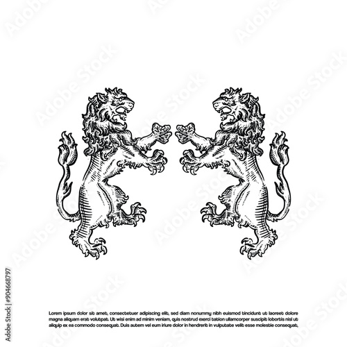 Hand drawn heraldic lion vector art illustration
