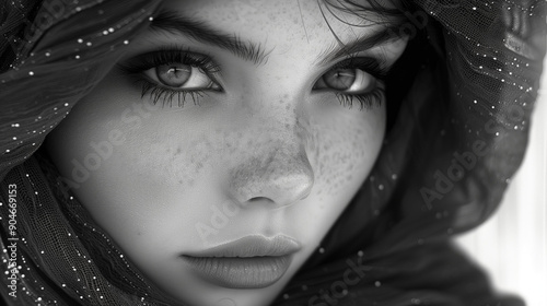 Black and white portrait of a young woman with freckles and intense eyes, draped in a textured fabric.