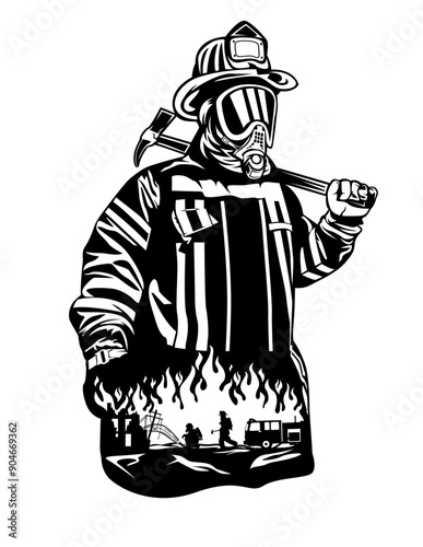 Firefighter | First responder | Rescue  | Fireman | 911 emergency | Rescue Firefighter | Firefighter Dad | Fireman with axe | Original Illustration | Vector and Clipart | Cutfile and Stencil