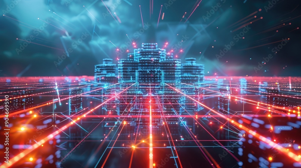 Fototapeta premium Digital fortress surrounded by a grid of laser beams representing cybersecurity defenses.