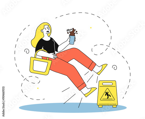 Woman falling at wet floor. Young girl slips in puddle of water. Accident and failure. Unhappy careless person. Danger and hazard indoors. Linear vector illustration