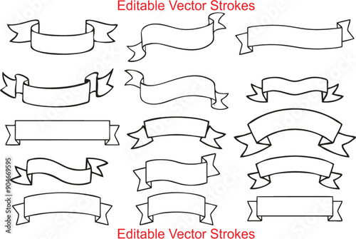 Hand-drawn ribbon line banners set in editable vector format. Greeting cards, banners, invitation, Badge, banner, ribbon, flag, poster, flyer, sticker design elements. eps 10.