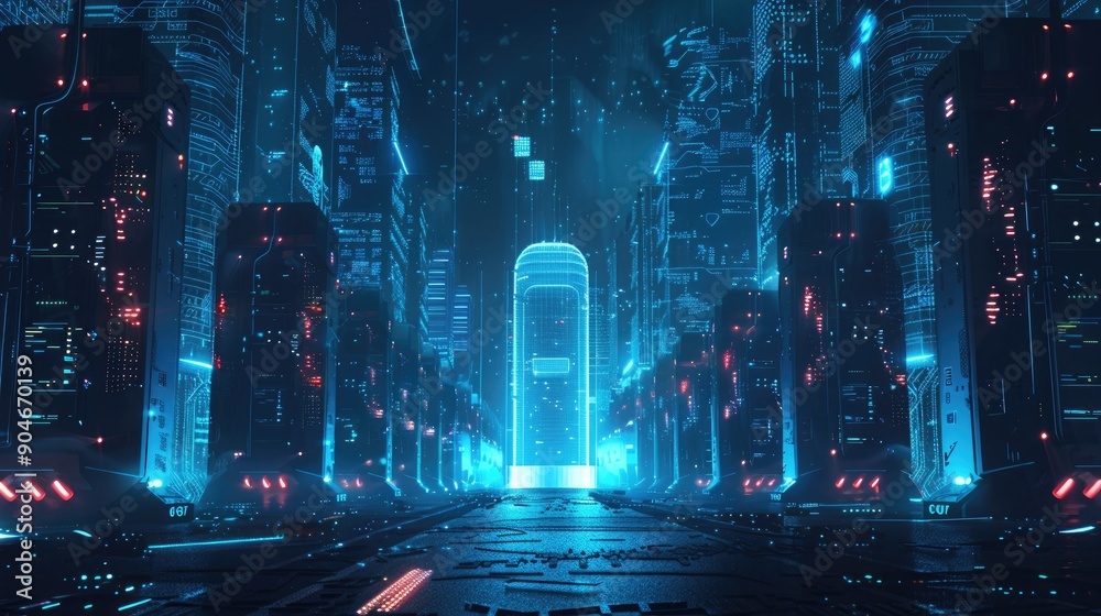 Fototapeta premium Digital fortress surrounded by a network of AI-driven cyber sentinels protecting against data breaches.