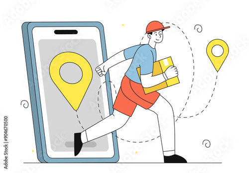 Fast delivery man. Deliveryman with cardboard box runs near smartphone. Online shopping and fast delivery. Courier delivers parcel. Shipping and transportation. Linear vector illustration