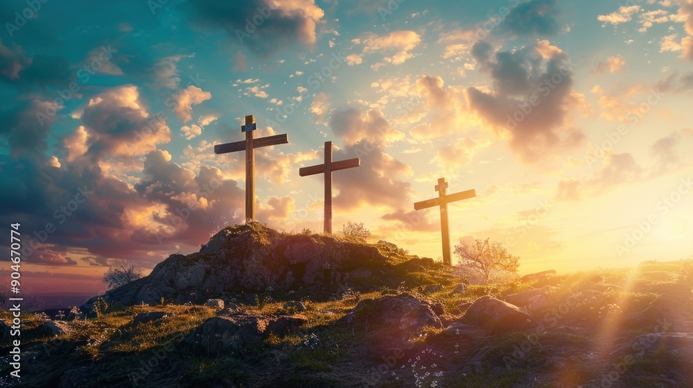 Three Crosses on a Hilltop at Sunset Three Crosses on a Hilltop at Sunset