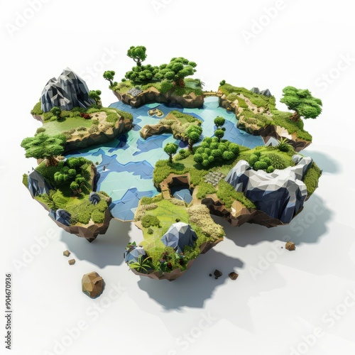 3D Render, Low Poly style of a fantasy world map, on isolated white background, Generative AI