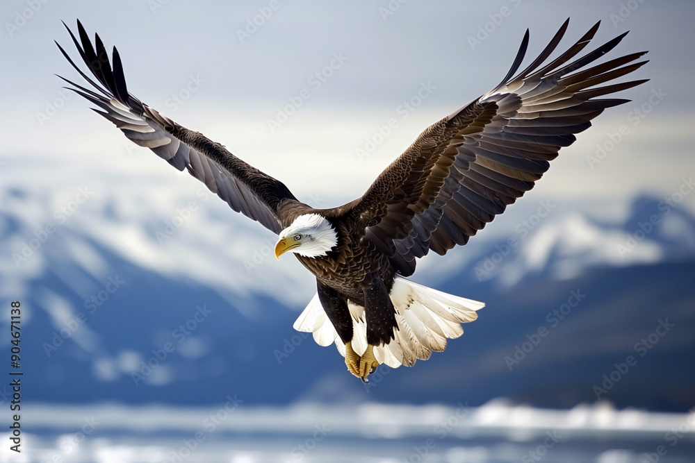 Fototapeta premium bald eagle is flying over a snowy mountain range. The eagle is majestic and powerful, soaring through the sky with its wings spread wide. Concept of freedom and strength