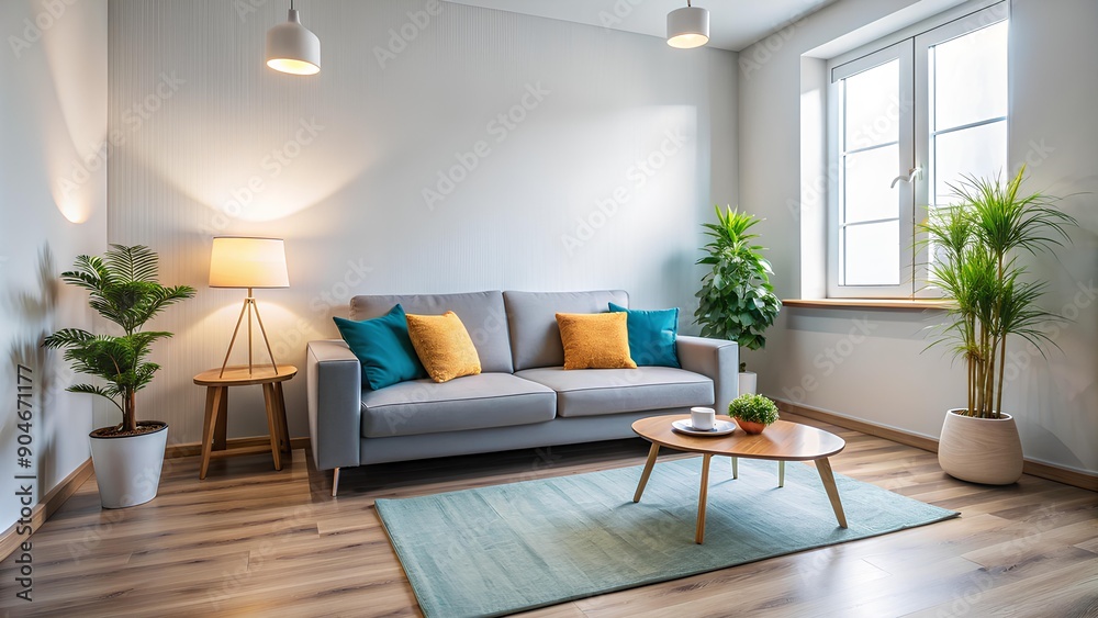 Modern Minimalist Living Room with Plants and Soft Lighting. Bright and Airy Living Room with Wooden Accents and Indoor Plants for a Fresh Modern Interior Modern Minimalist Living Room with Plants and Soft Lighting. Bright and Airy Living Room with Wooden Accents and Indoor Plants for a Fresh Modern Interior