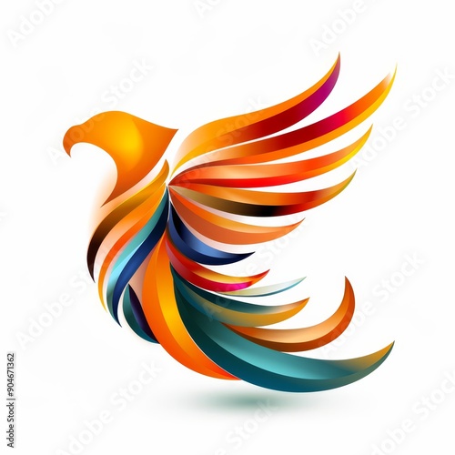 Vibrant abstract phoenix bird with colorful, dynamic wings on a white background, representing creativity and rebirth.