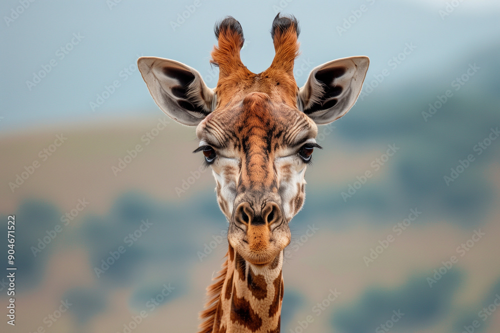 Fototapeta premium giraffe is standing in a field of tall grass. The giraffe is looking directly at the camera, and its head is tilted slightly to the left. The scene is peaceful and serene