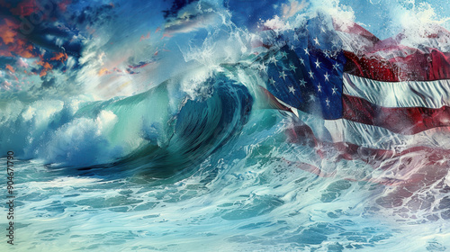 Realistic yet exaggerated photograph of a giant wave, featuring the American flag merging with the wave powerful crest, in a vibrant and dramatic visual style photo