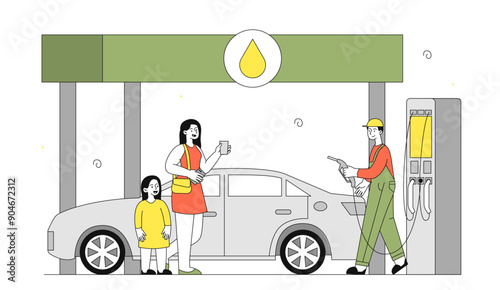 People at gas station. Worker in uniform helps mother and daughter refuel their car and vehicle. Man carries pistol with fuel and petrol. Linear vector illustration