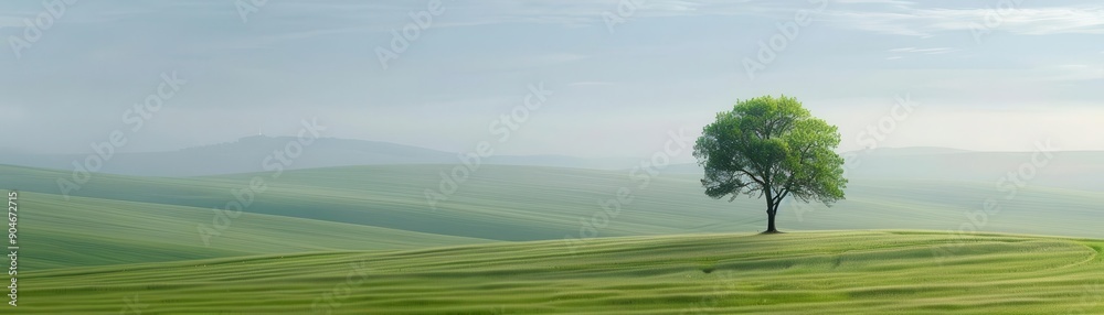 Obraz premium Minimalist landscape with a single tree in a vast field, Nature, Simplicity