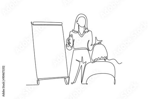 Business meeting, negotiation concept. Single line draw design vector graphic illustration.