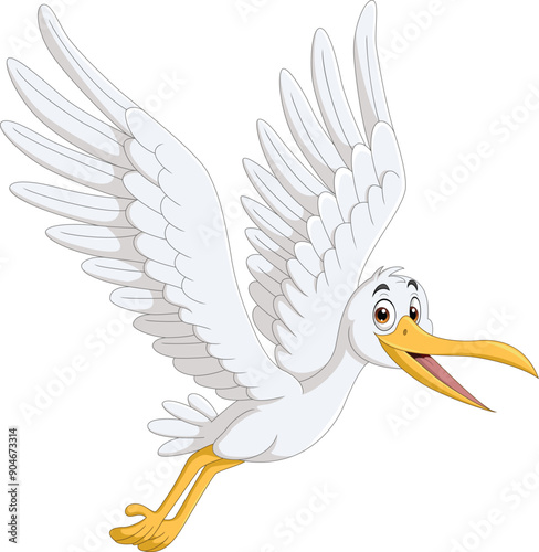 Cartoon illustration of a happy stork flying