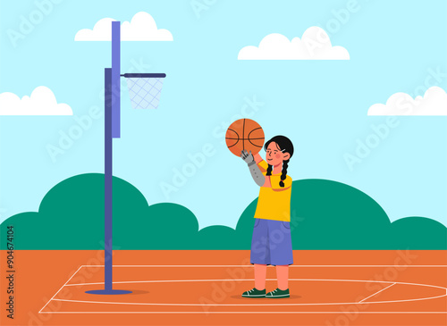 Girl with hand prosthesis. Schoolgirl throws ball into basket. Kid with disabilities play in basketball. Active lifestyle and sports. Hobby and leisure. Flat vector illustration