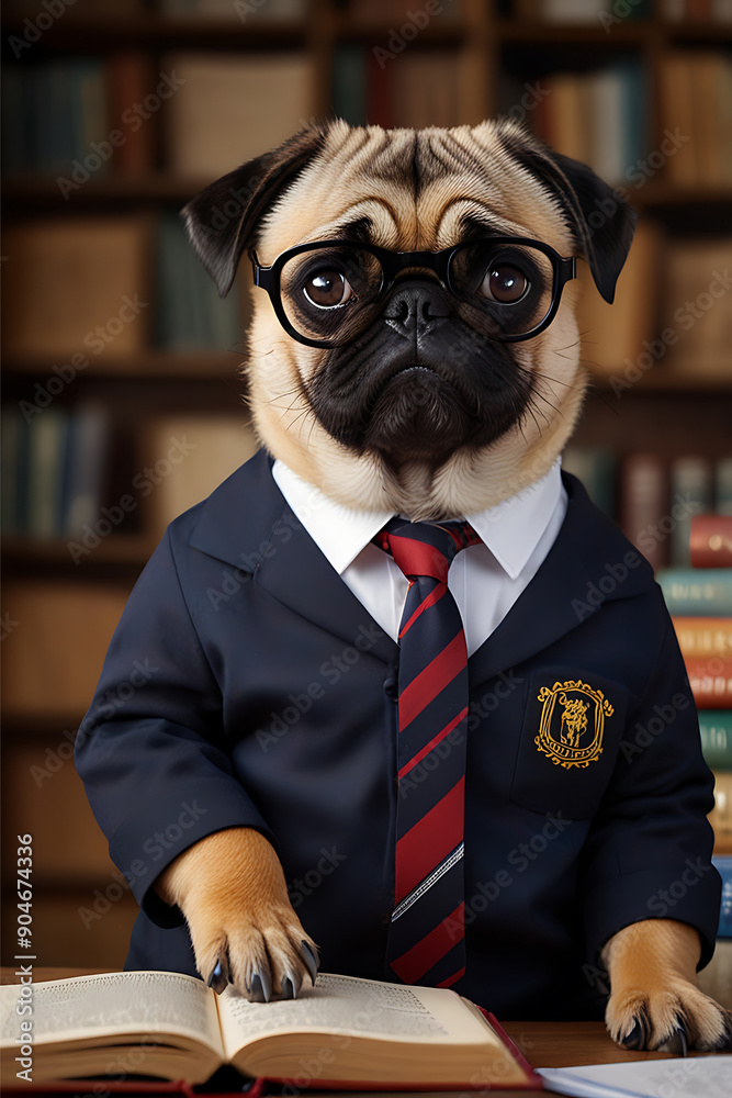 pug reading in classroom library education back to school concept pug reading in classroom library education back to school concept