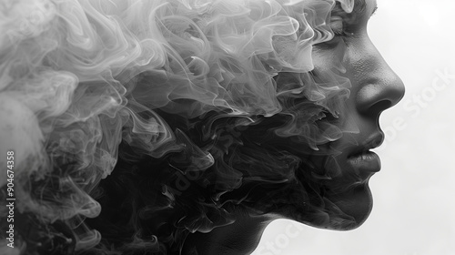 Profile of a young African American woman enveloped in swirling smoke, creating a mysterious and ethereal atmosphere.