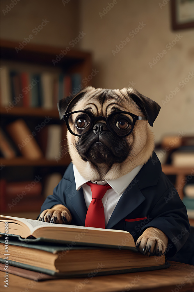 pug reading in classroom library education back to school concept