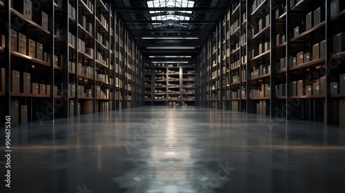 Modern Industrial Warehouse Interior with High Shelves and Cardboard Boxes in a Large Storage Facility