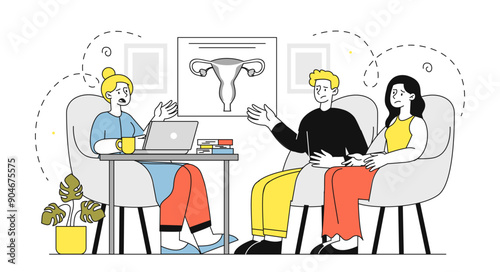 Family with infertility. Sad man and woman came to visit doctor. Problems with male and female reproductive system. Health care and medicine. Childbirth problems. Linear vector illustration