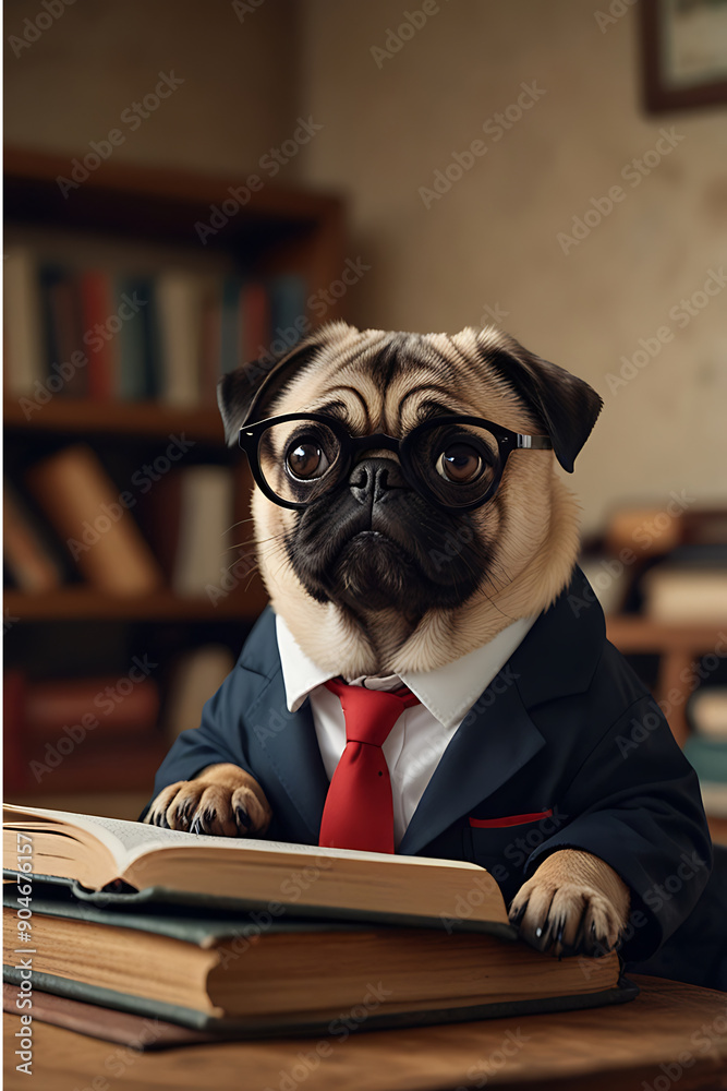 pug reading in classroom library education back to school concept pug reading in classroom library education back to school concept