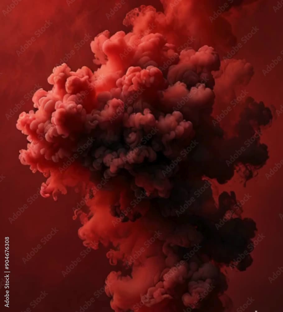 A vivid abstract image of a red and blue sky with red and white smoke, evoking a sense of explosion and light, featuring a blend of natural and vintage elemen