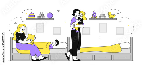 People in kindergarten. Women put boy and girl to bed. Teachers with children in room. Relax and recuperation, correct daily routine. Linear vector illustration