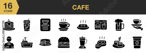 Cafe Glyph icon set. Includes pancake, soft drink, menu cafe, coffee, soda drink, grill, sushi, and More. Solid icons vector collection.
