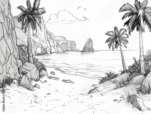Detailed black and white sketch of a serene beach scene with palm trees, rocky cliffs, and calm ocean waters, ideal for relaxation and coastal landscape illustrations