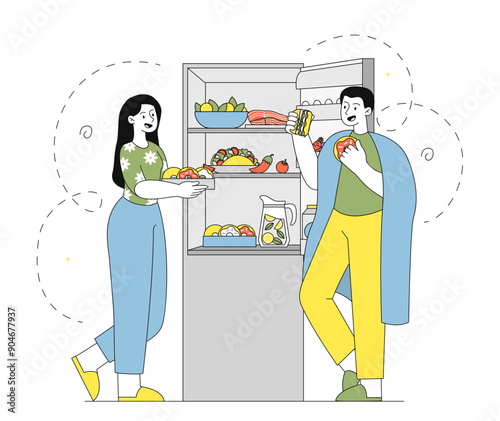 People with latenight snacking. Man and woman stand near refrigerator at night and eat food. Wrong lifestyle and bad habits, incorrect daily routine. Linear vector illustration