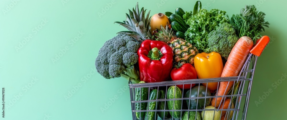 Vibrant Shopping Cart Overflowing with Fresh Vegetables and Fruits Against a Solid Pastel Green Background Vibrant Shopping Cart Overflowing with Fresh Vegetables and Fruits Against a Solid Pastel Green Background