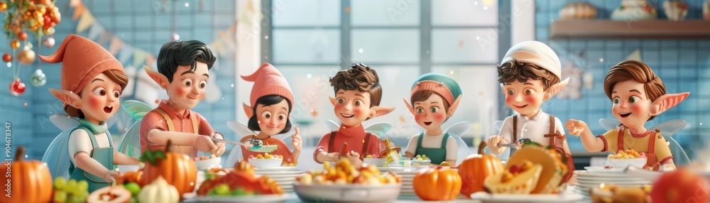 a group of fantasy characters, such as elves and fairies, preparing a Thanksgiving meal with magical elements a group of fantasy characters, such as elves and fairies, preparing a Thanksgiving meal with magical elements