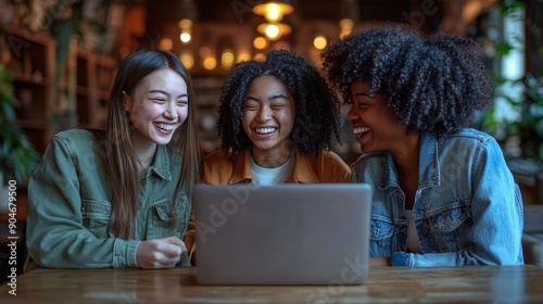 Three Young Women Sharing a Joyful Moment in Front of a Laptop, Embracing Friendship and Laughter in a Casual Setting © nicole