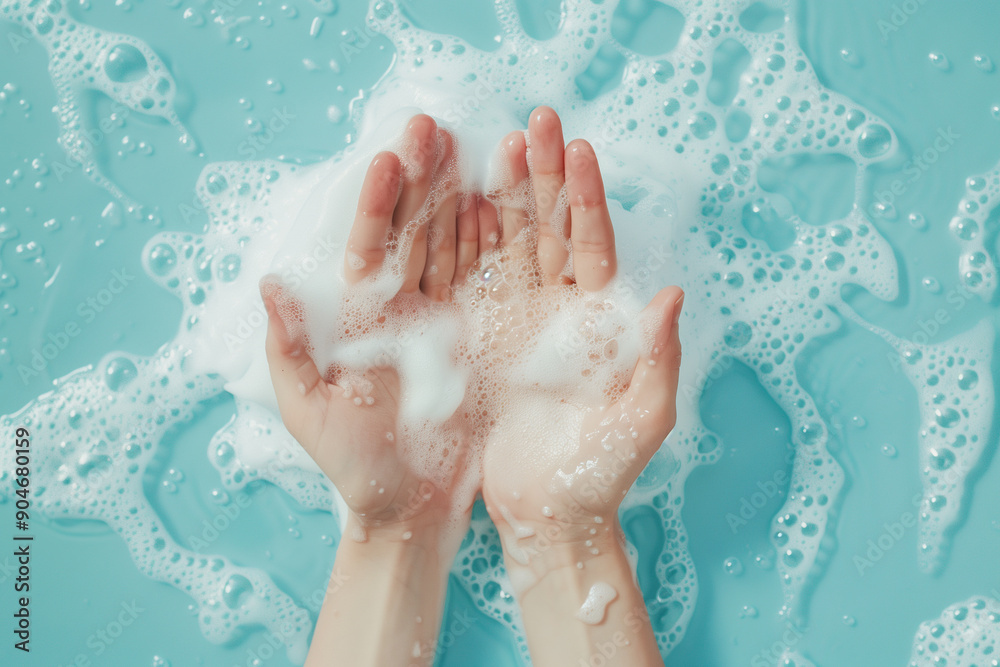  Close-up of hands covered in soapy foam on light blue background