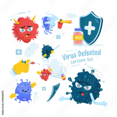 Virus defeated cartoon set vector illustration