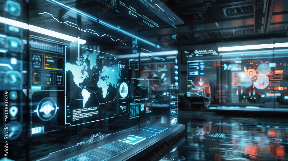 Holographic interface displaying real-time cybersecurity threat analytics in a digital war room. Holographic interface displaying real-time cybersecurity threat analytics in a digital war room.