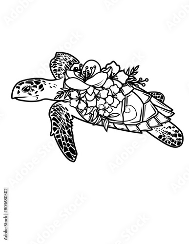 Floral Sea Turtle | Sea Turtle | Sea Animal | Flower sea water animal | Turtle | Tropical island | Summer vibes | Marine bio | Original Illustration | Vector and Clipart | Cutfile and Stencil