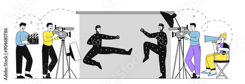 Movie production scene. Director and cameraman film fighting men. Filming films and TV series at studio. Entertainment industry, cinema. Linear vector illustration